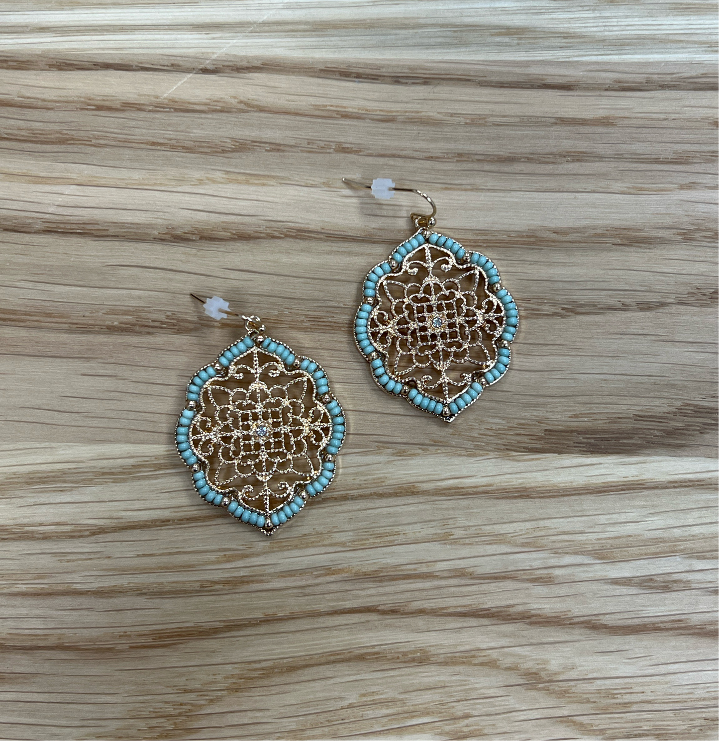 Mint Beads On Gold Symmetrical Shaped Earrings