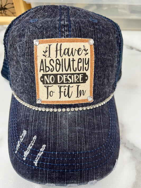 I Have Absolutely No Desire To Fit In Distressed Trucker Hat - Bling / Blue