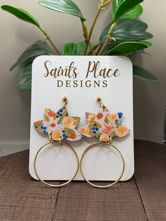 Spring Floral Leather & Cork Earrings with Gold Hoop