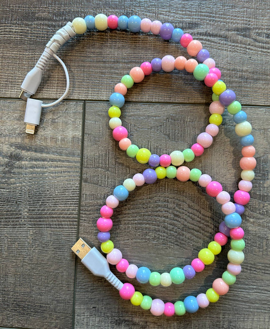 Beaded Phone Charger with Lightning & USB-C Cable - Rainbow
