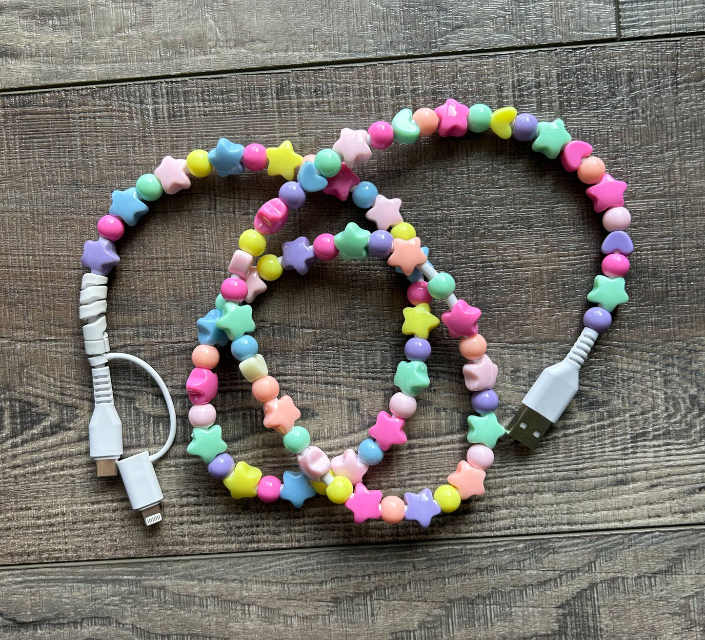 Beaded Phone Charger with Lightning & USB-C Cable - Stars