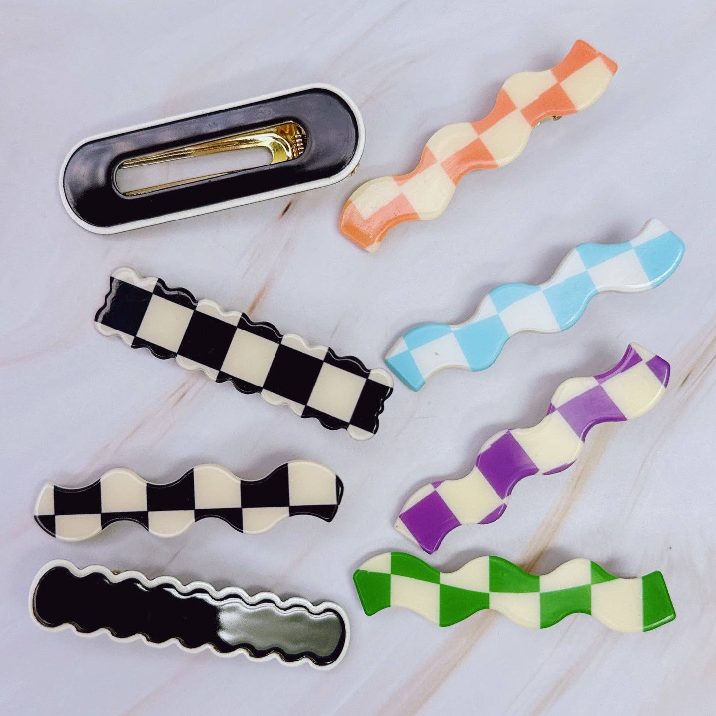 Checkered Wavy Creaseless Hair Clip Set Of 4 - Black White