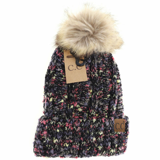Fuzzy Lined Popcorn Confetti Fur Pom CC Beanie