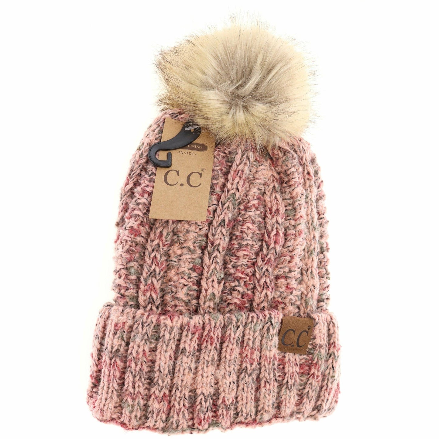 Fuzzy Lined Popcorn Confetti Fur Pom CC Beanie