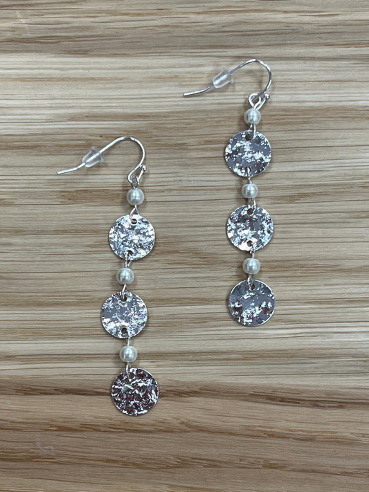 Silver Faux Pearl Hammered Disk Link Earrings