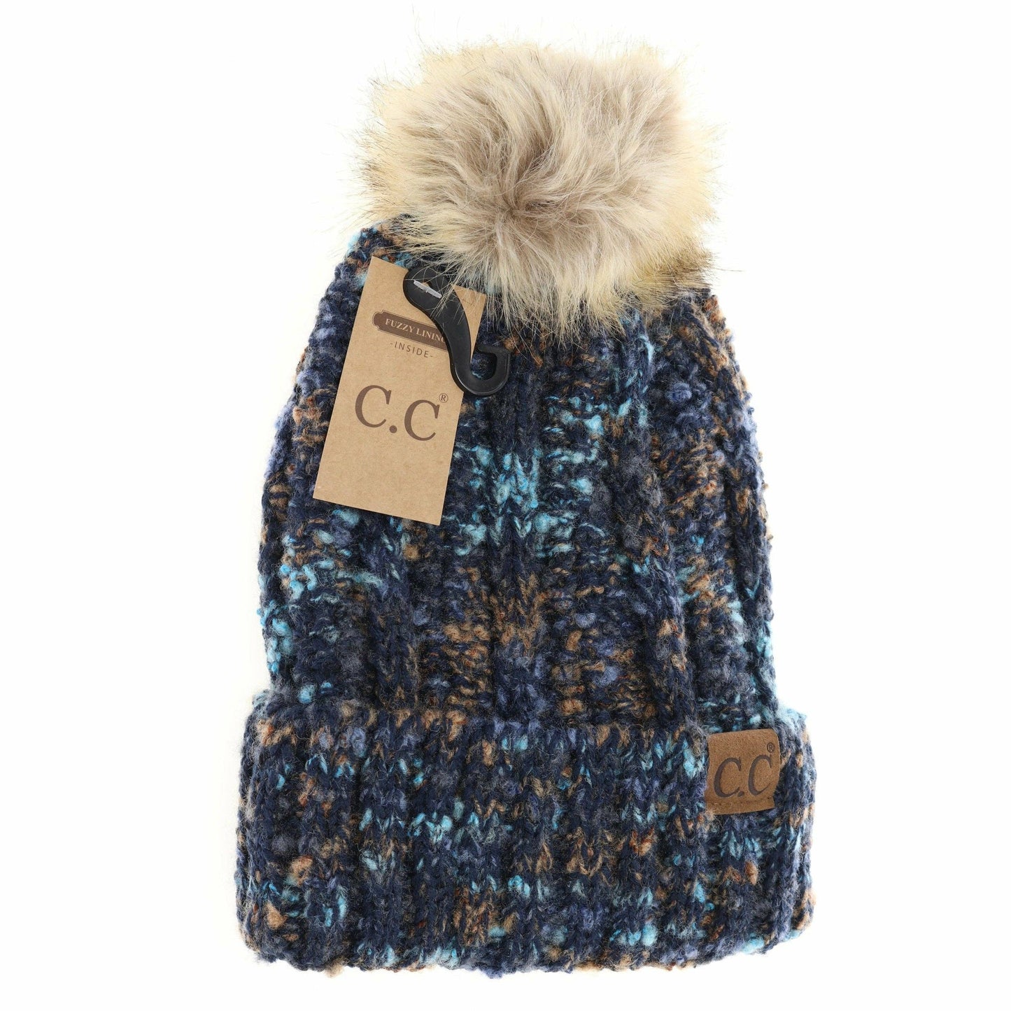 Fuzzy Lined Popcorn Confetti Fur Pom CC Beanie