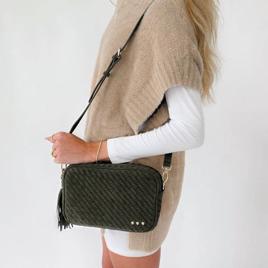 Suede Woven Willow Camera Crossbody Bag