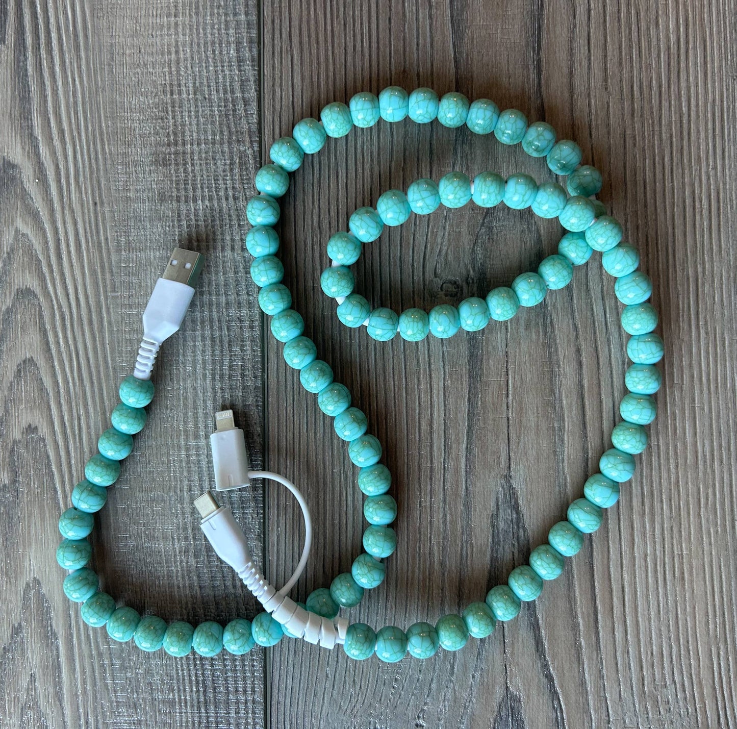 Green Turquoise Beaded Phone Charger with Lightning & USB-C
