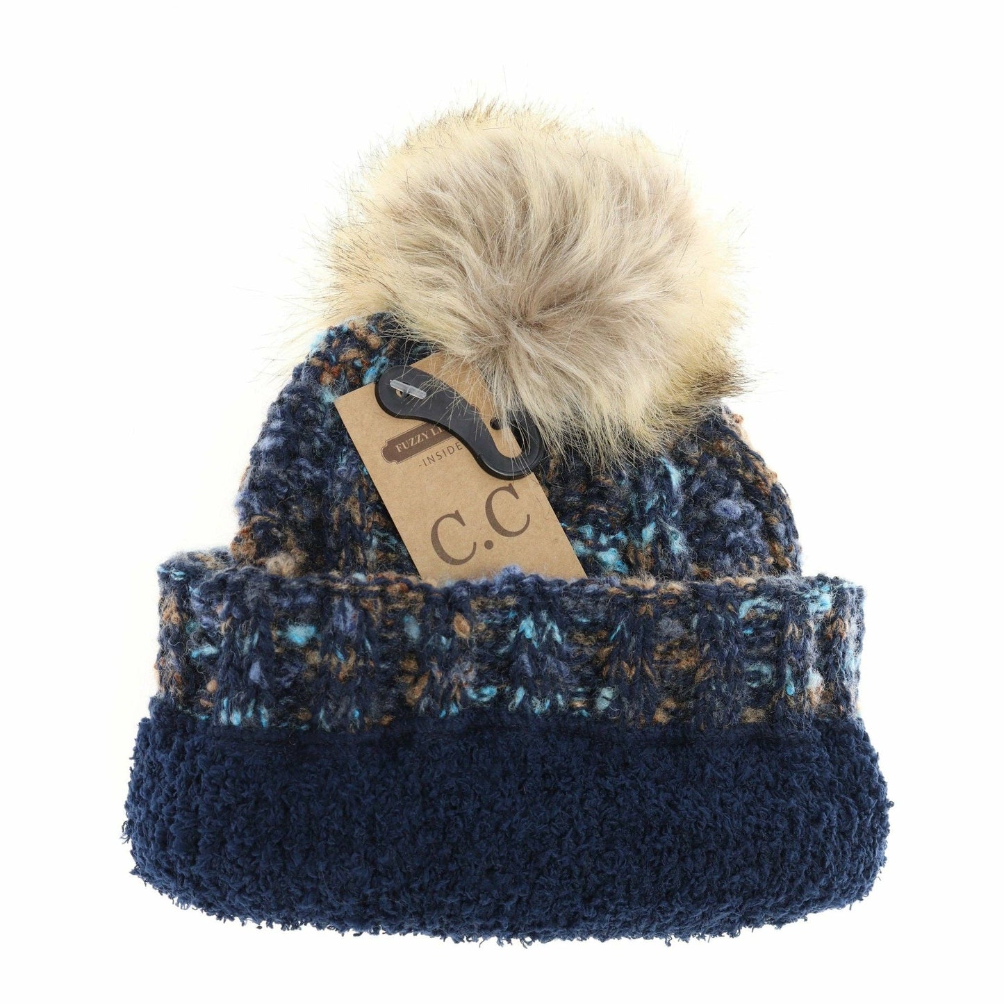 Fuzzy Lined Popcorn Confetti Fur Pom CC Beanie