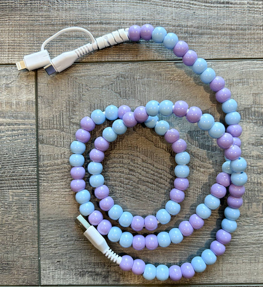 Beaded Phone Charger with Lightning & USB-C Cable - Purple and Blue