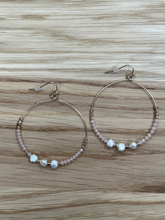 Pink Beads With Pearls Hoop Earrings