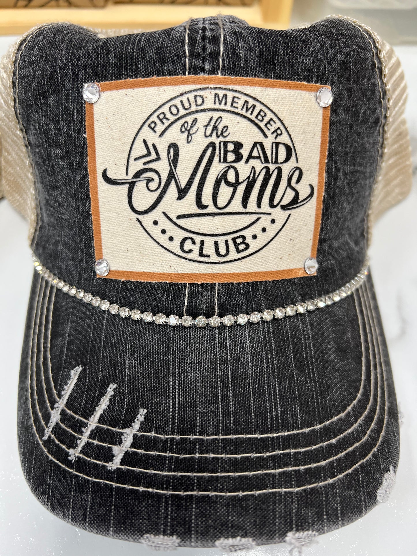 Bad Moms Club Distressed Trucker Hat - Bling / Black Khaki