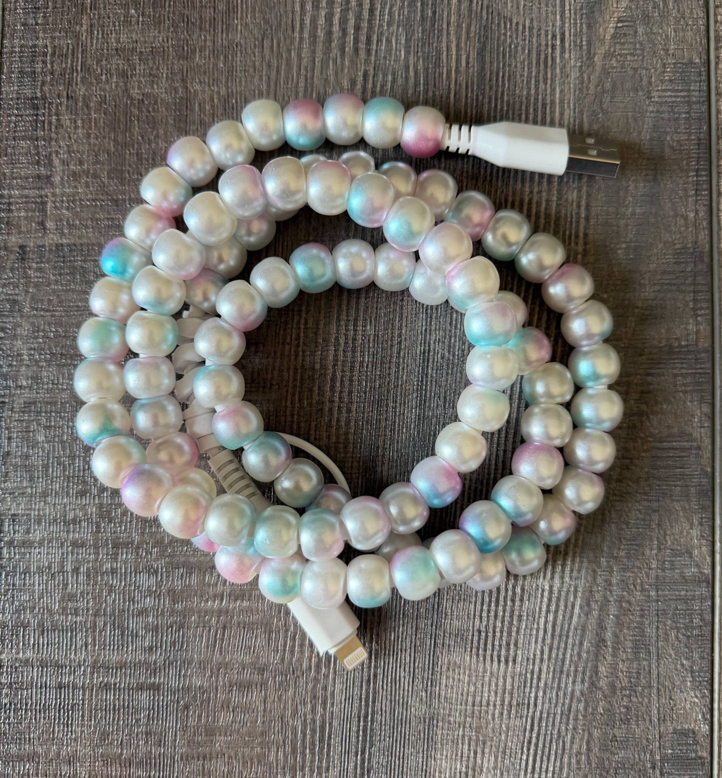White Mermaid Beaded Phone Charger with Lightning & USB-C