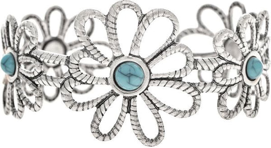 Silver Daisies with Turquoise Gem Center Cuff Bracelet