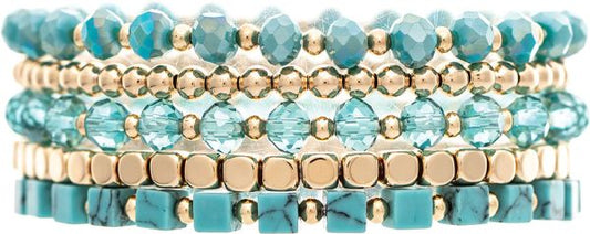 Gold and Turquoise Bead Five Piece Stretch Bracelet Set