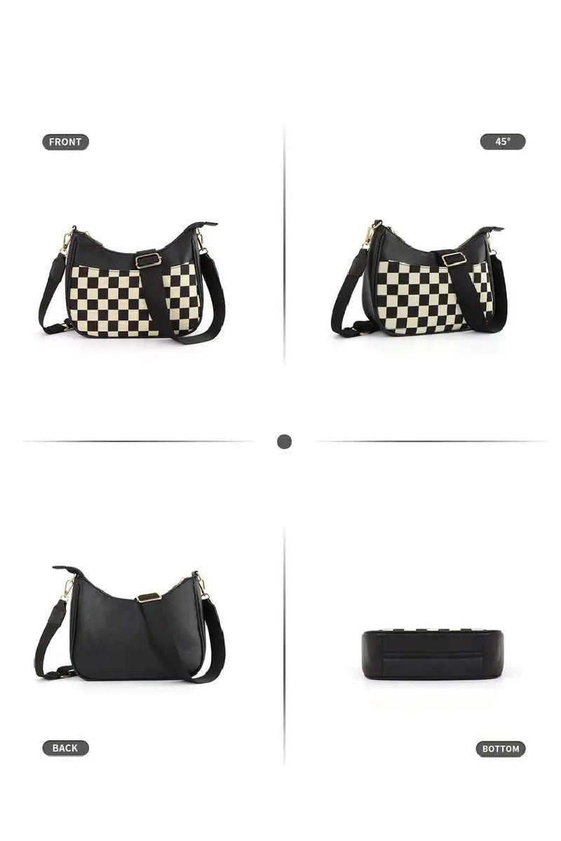 Black & White Checkered Crescent Messenger Bag