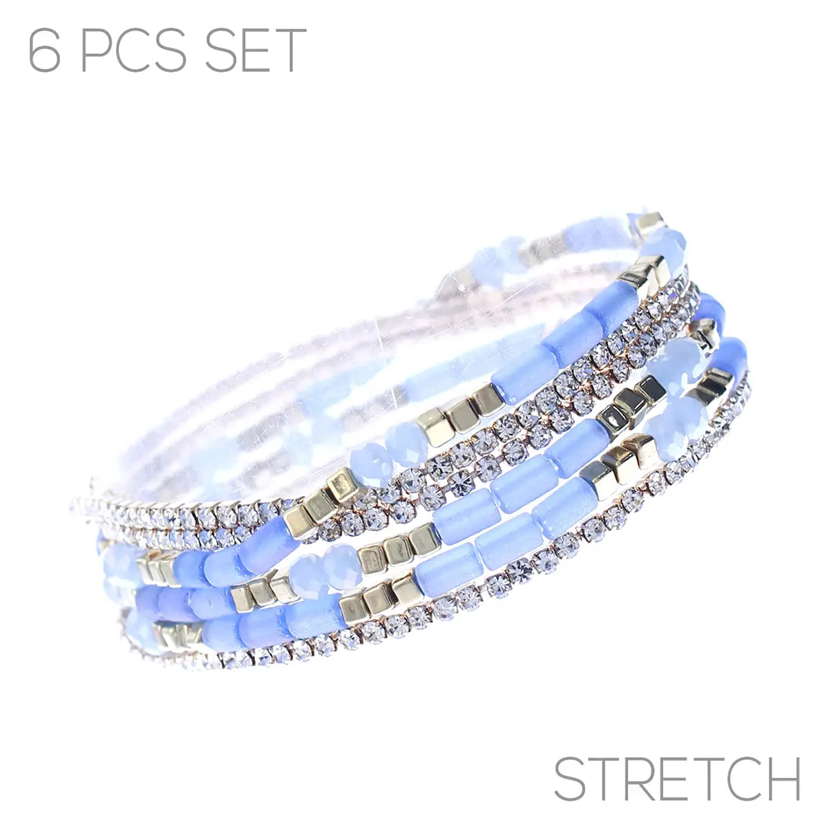 Blue Glass Bead 6 Piece Stretch Bracelet