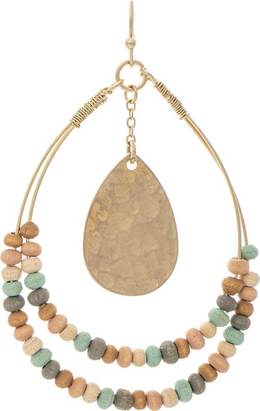 Gold Light Multicolored Wood Bead Teardrop Earrings