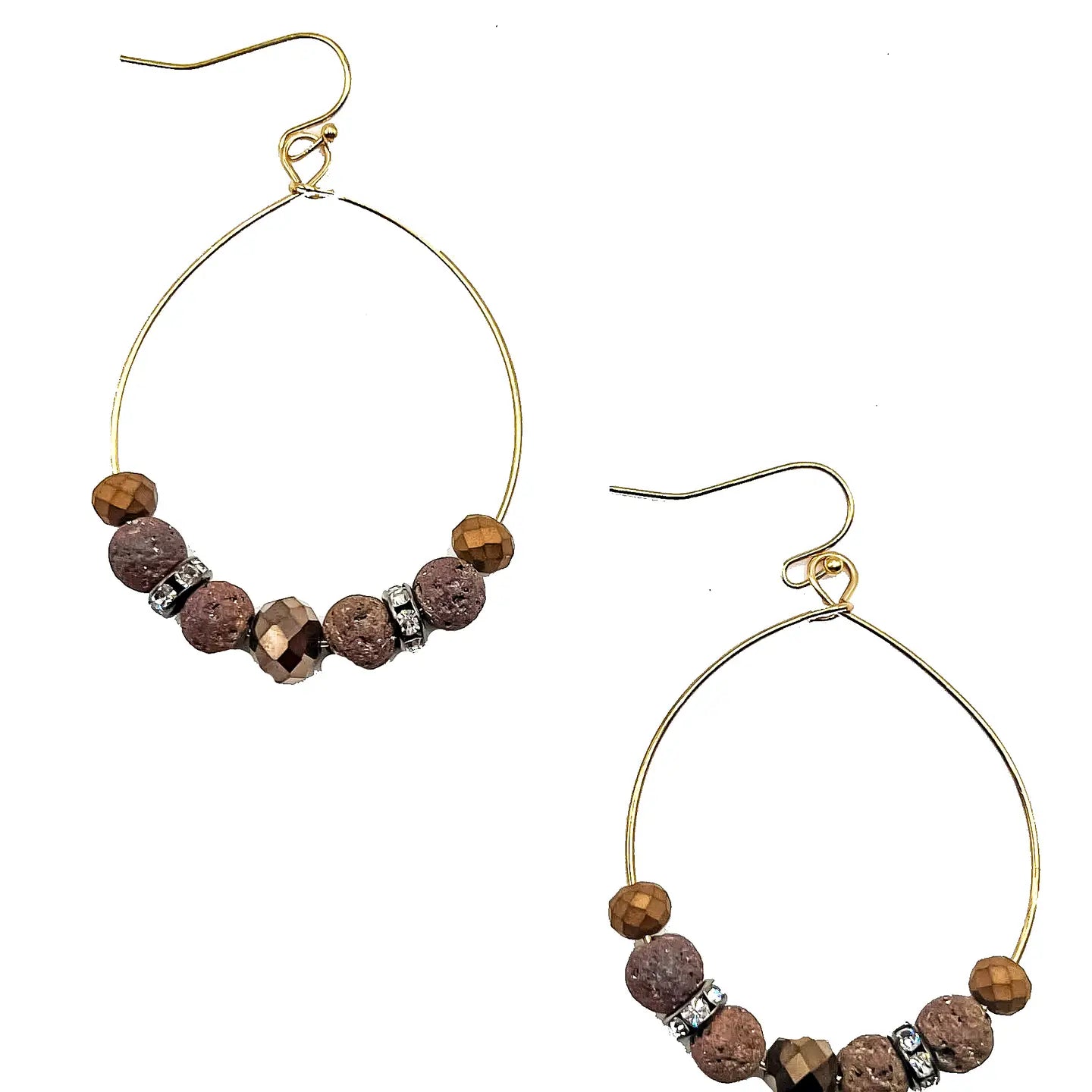 Brown Lava Beads On Teardrop Hoop Earrings
