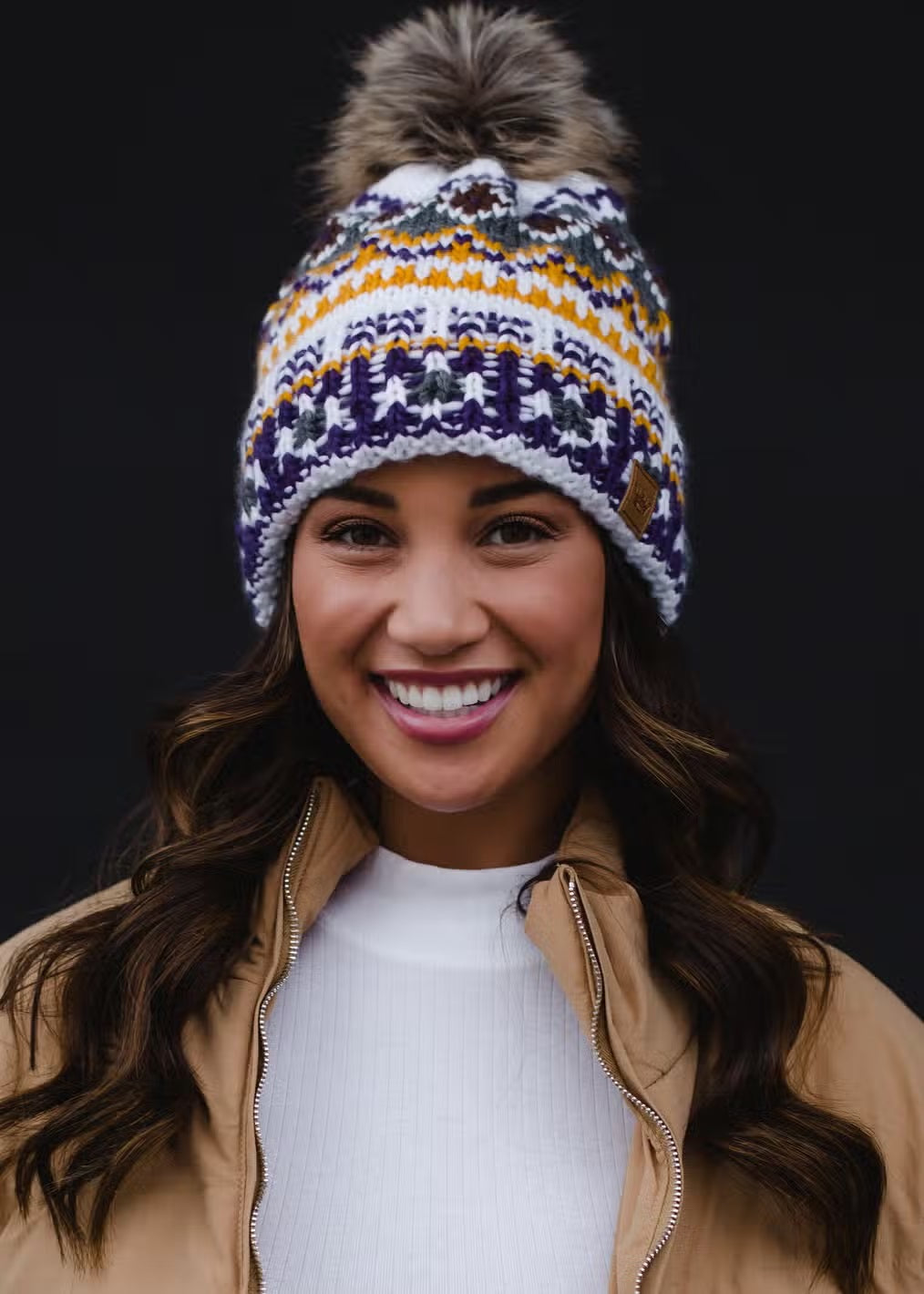 Patterned Pom Hat - White, Purple & Gold