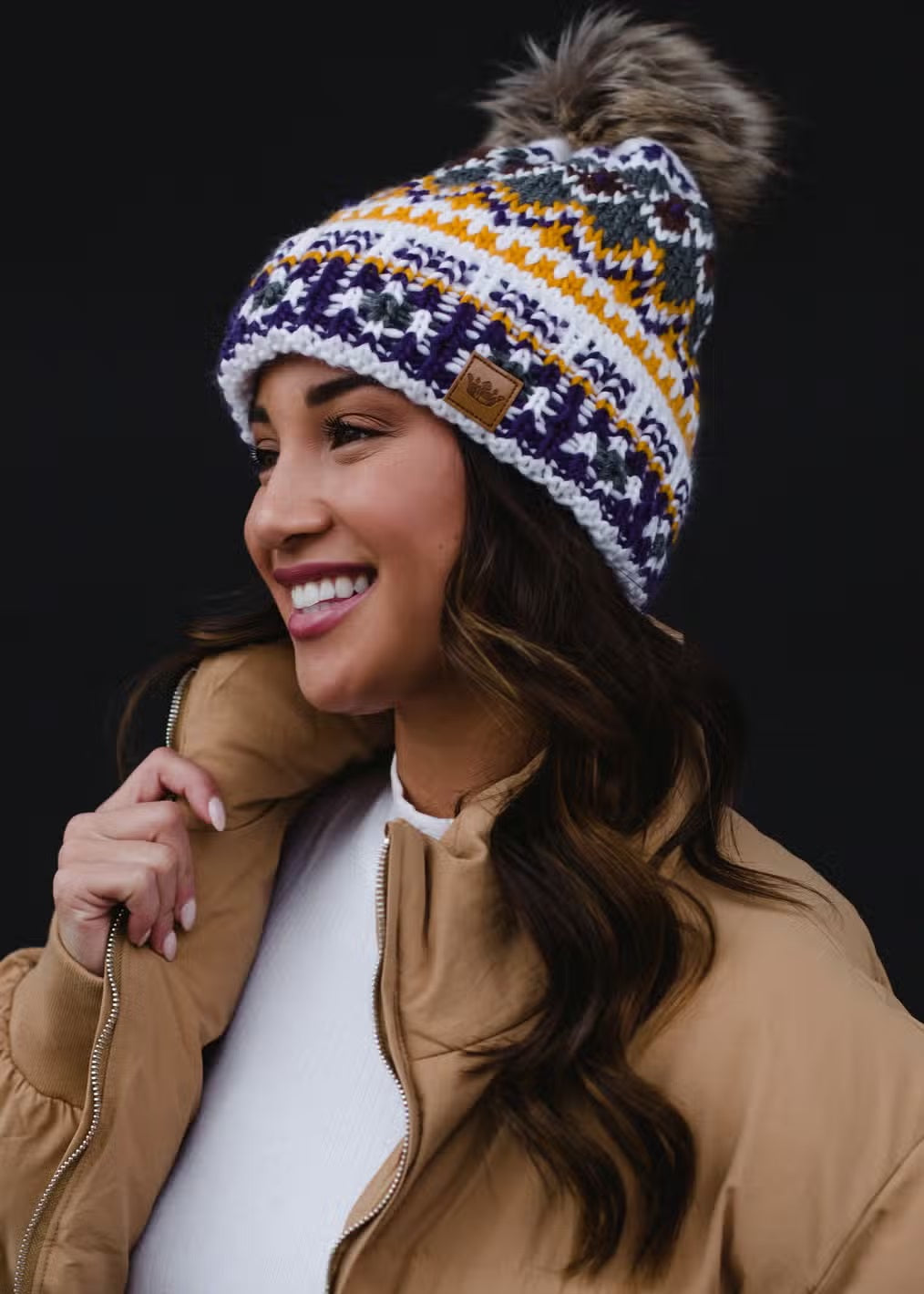 Patterned Pom Hat - White, Purple & Gold