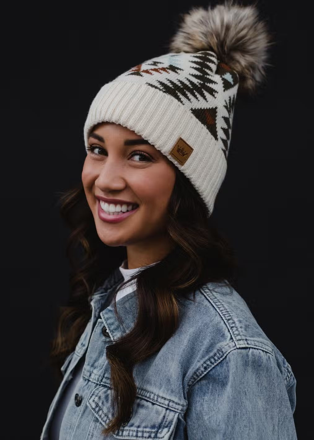 Tribal Pom Hat - Beige, Olive & Rust