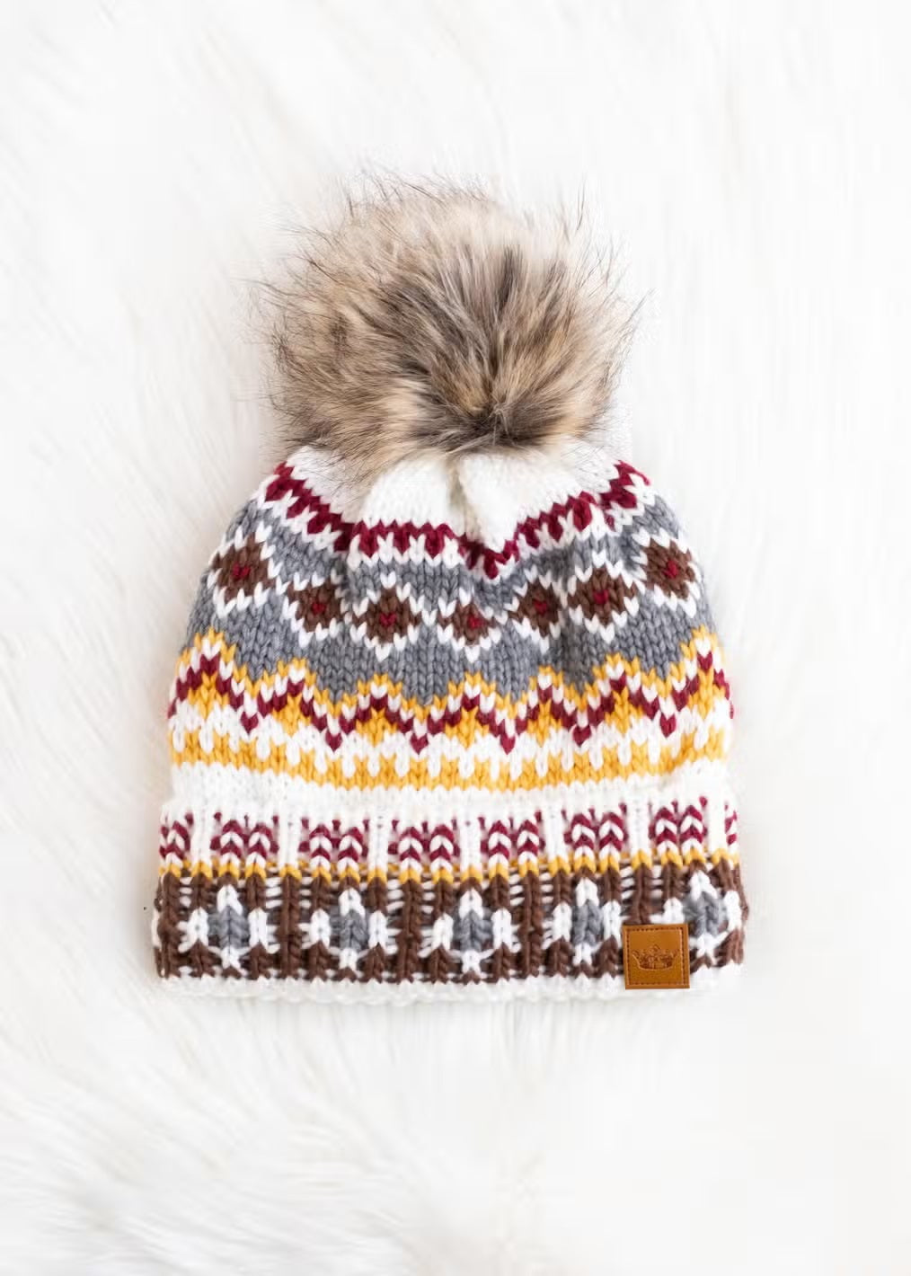 Patterned Pom Hat - White & Multi