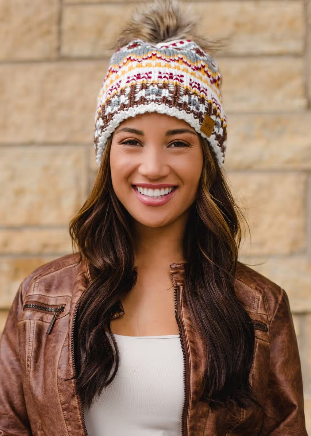 Patterned Pom Hat - White & Multi