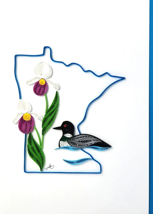 5x7 Quilled Greeting Card - Minnesota Lady Slipper Flowers & Loon