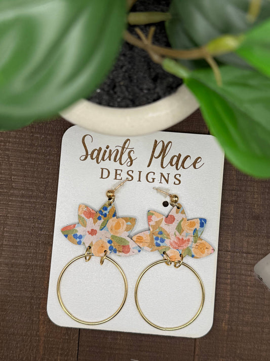 Spring Floral Leather & Cork Earrings with Gold Hoop