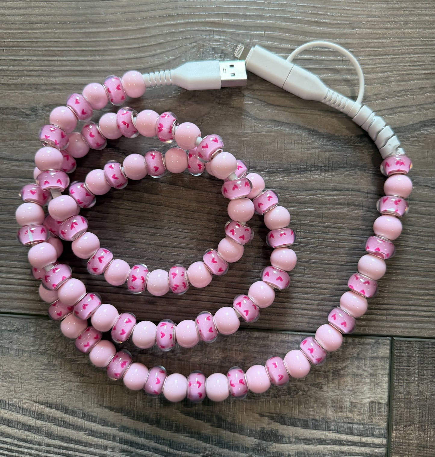 Light Pink Hearts Beaded Phone Charger with Lightning & USB-C