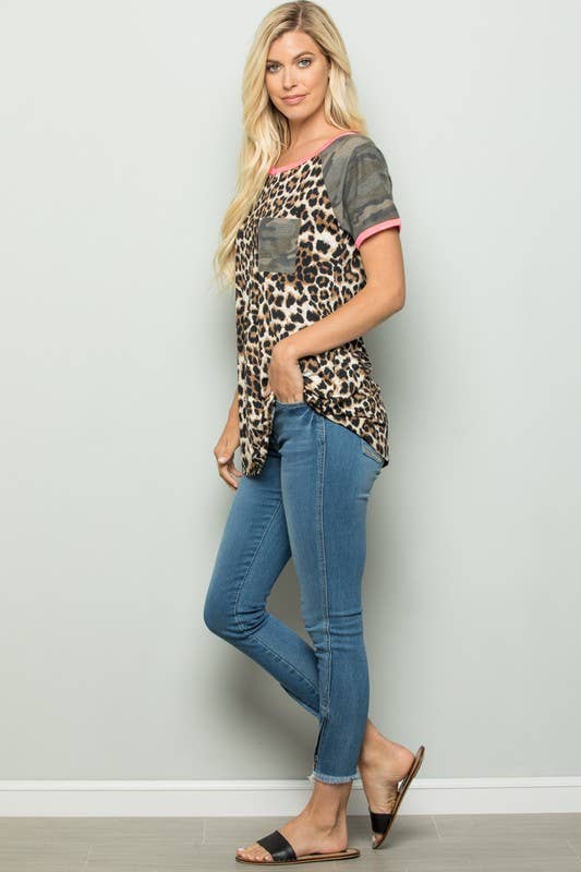 Short Sleeve Animal And Camo Print Top