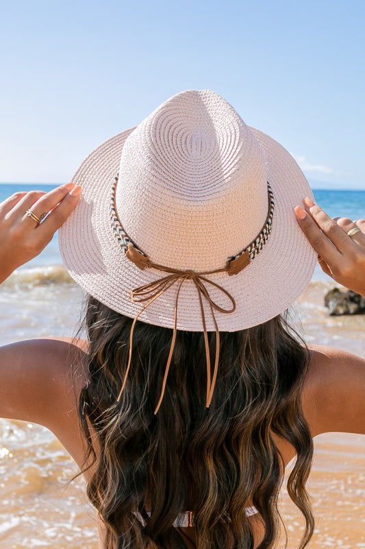 Boho Accent Straw Panama Fedora Hat - Blush