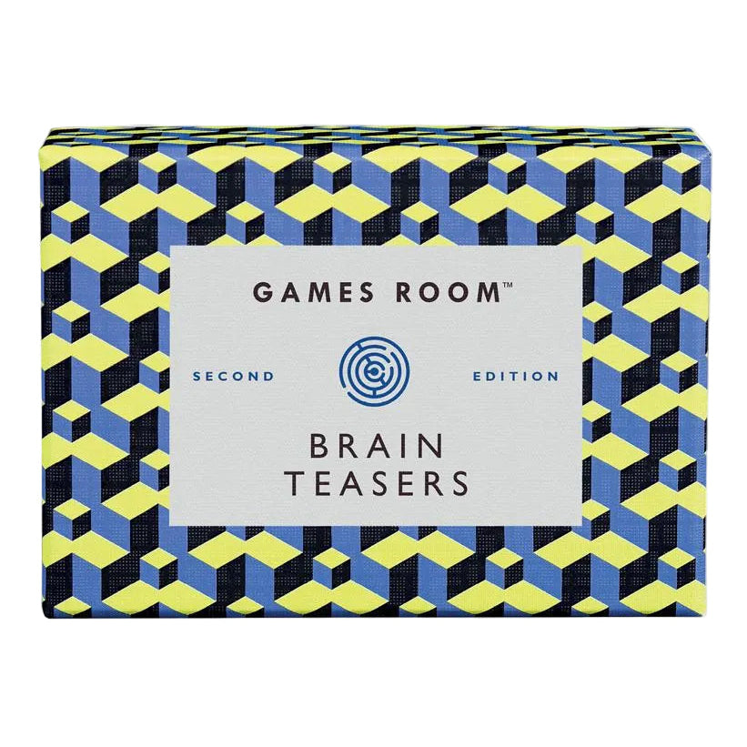 Box of 'Games Room Brain Teasers' with geometric pattern