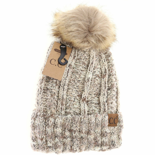 Fuzzy Lined Popcorn Confetti Fur Pom CC Beanie