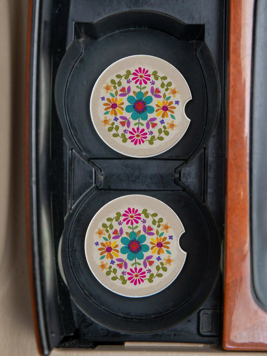 Natural Life Car Coaster Set - Cream Folk Flower