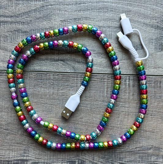 Beaded Phone Charger with Lightning & USB-C Cable - Metallic Rainbow