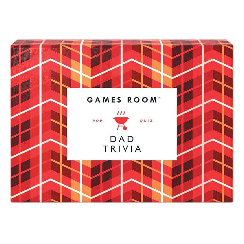 Red and orange checkered box with 'Games Room' and 'Dad Trivia' text on a white background