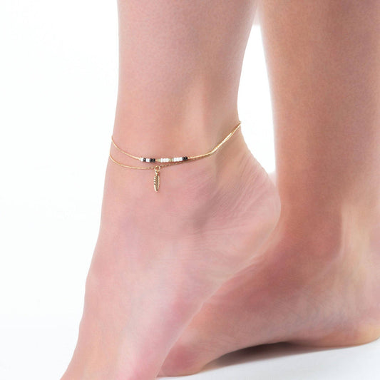 Layered Seed Bead Gold Feather Anklet