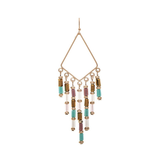 Gold Multicolored Tube Bead Fringe Earrings