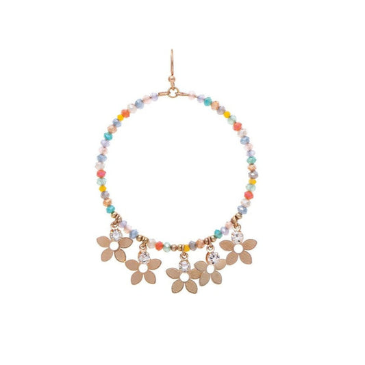 Gold Multicolored Bead Flower Drop Circle Earrings