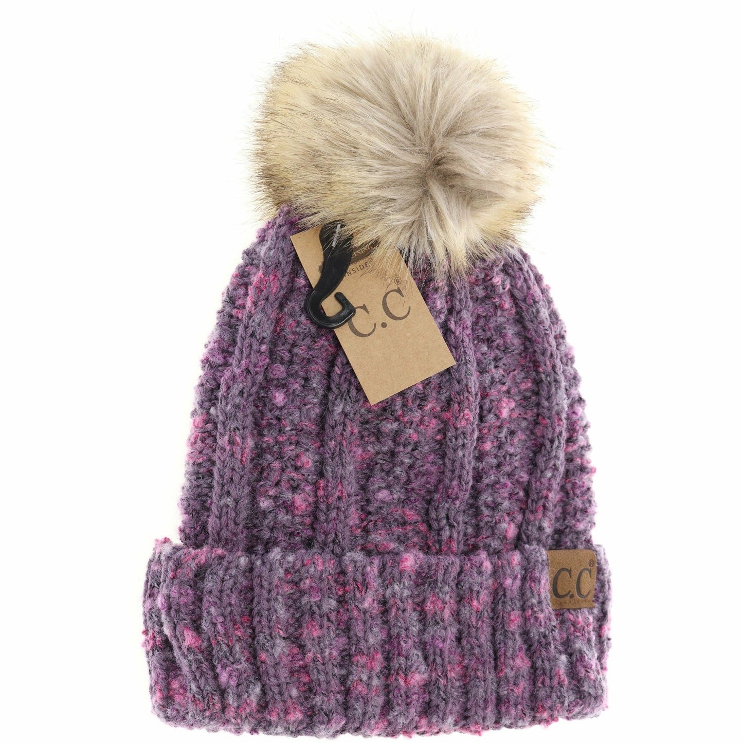 Fuzzy Lined Popcorn Confetti Fur Pom CC Beanie