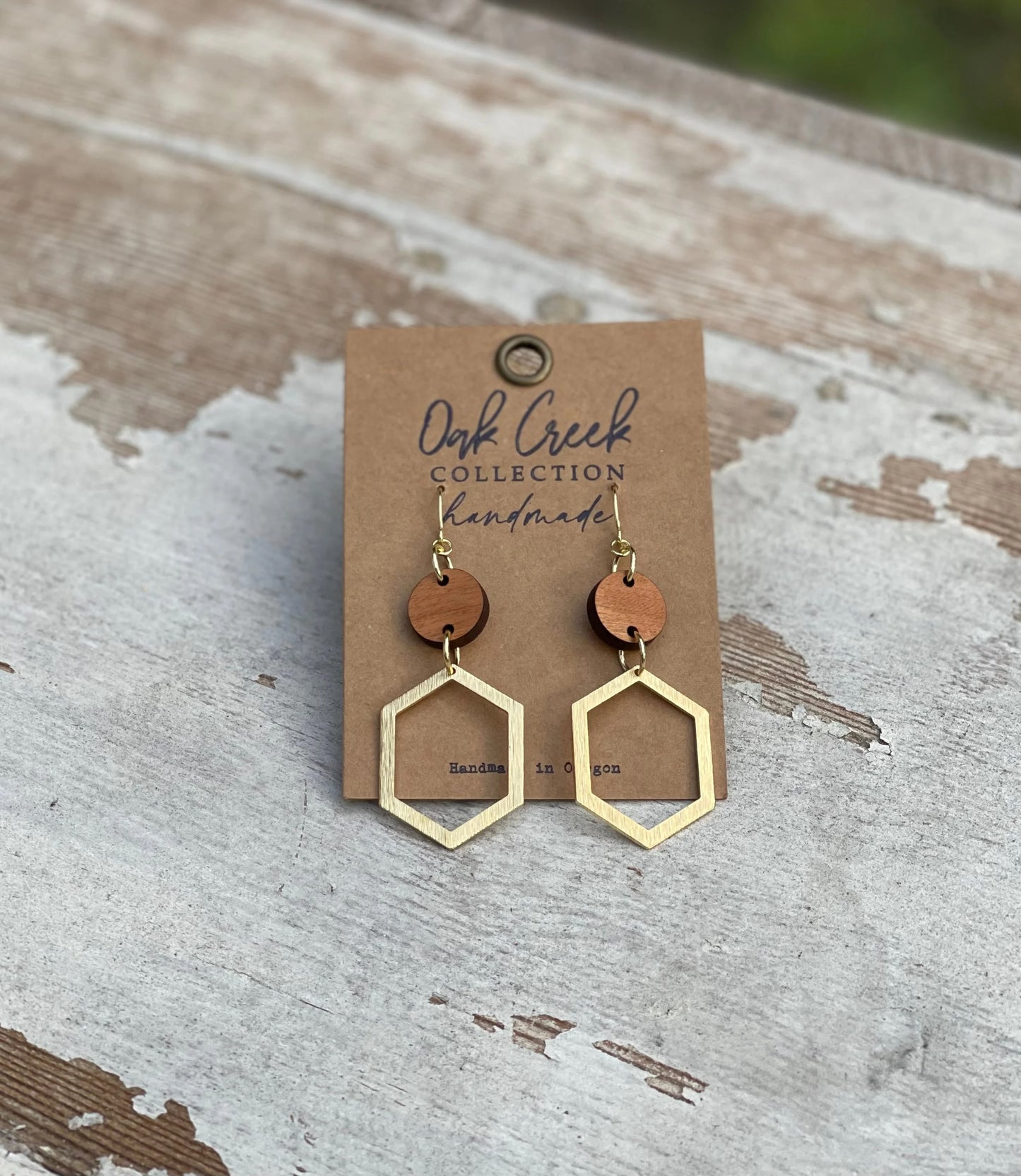 Round Wood With Hexagon Dangle Earrings