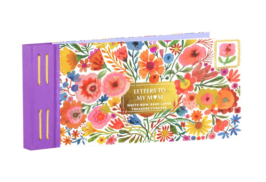 Floral notebook with colorful design and purple binding on a white background