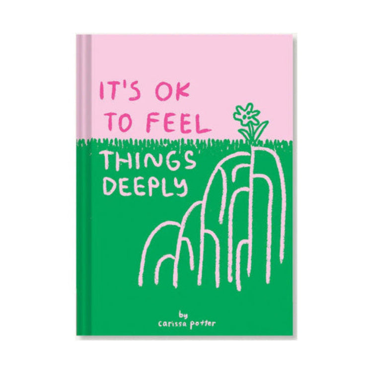 Book cover with pink and green design and text 'It's ok to feel things deeply' on a white background