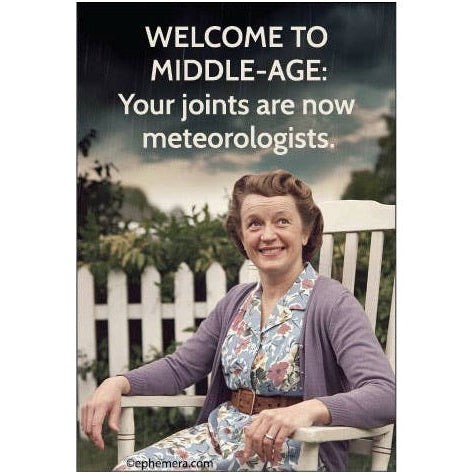 Poster with a woman sitting on a bench and text about middle age and joints.