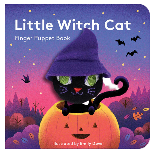 Finger puppet book cover featuring a black cat in a witch hat on a pumpkin with a purple and pink gradient background.