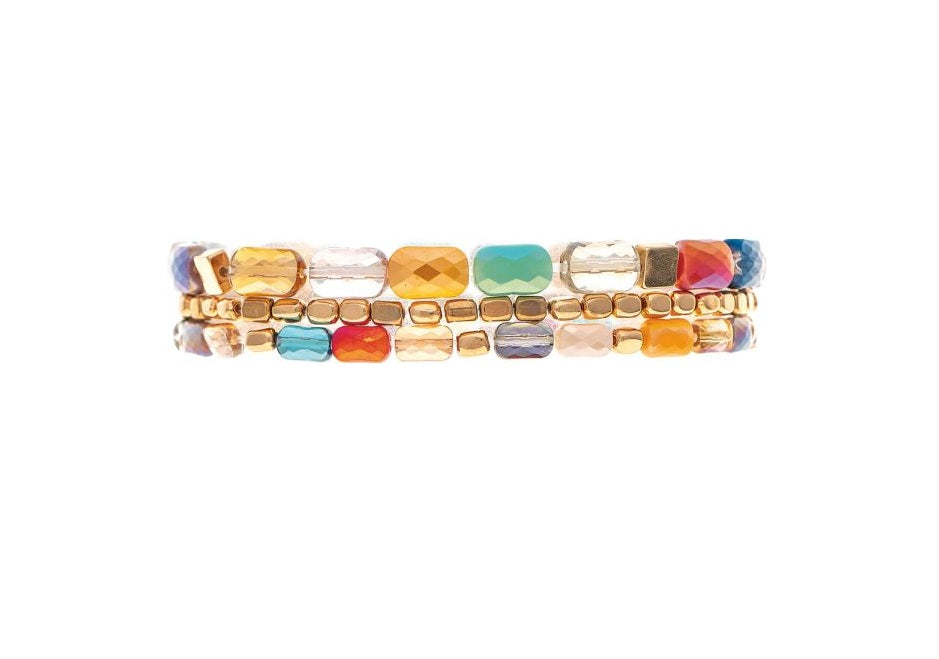 Gold Multicolored Fire Polish Facet Bead Stretch Bracelet