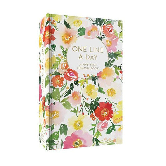 Floral notebook with 'One Line a Day' text on a white background