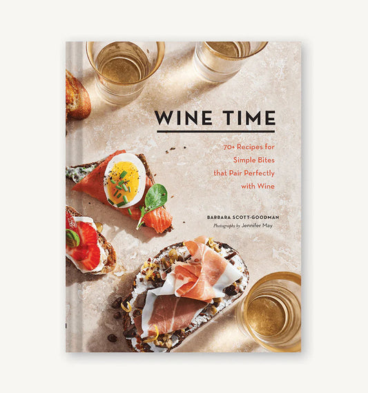 Cookbook titled 'Wine Time' with food and wine images on the cover